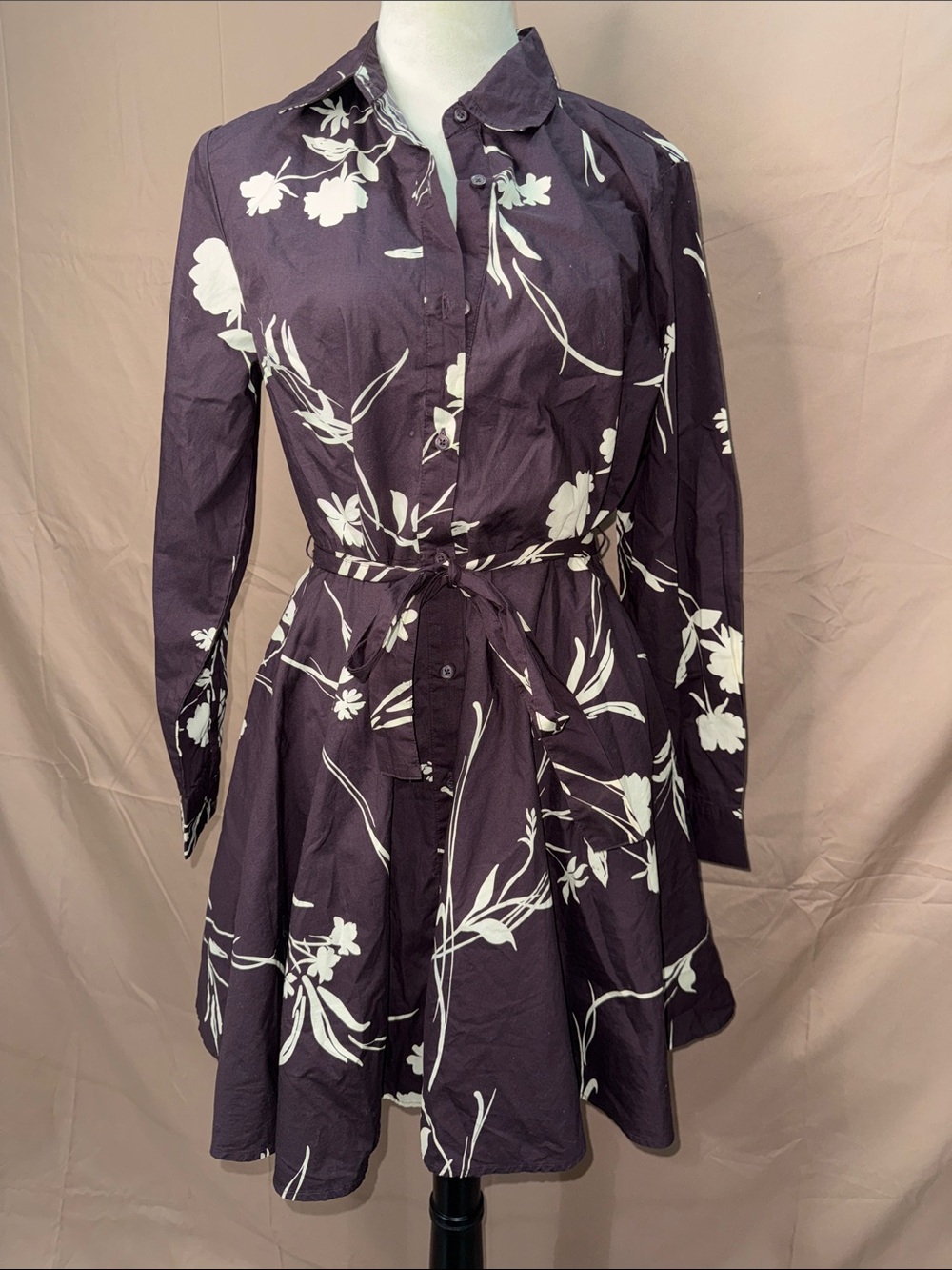 NWT A New Day Purple and Cream Floral Tie-Waist Shirt Dress- small